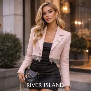 River Island Petite Pink Tweed Cropped Blazer Rhinestone Fringe NWT Size 4